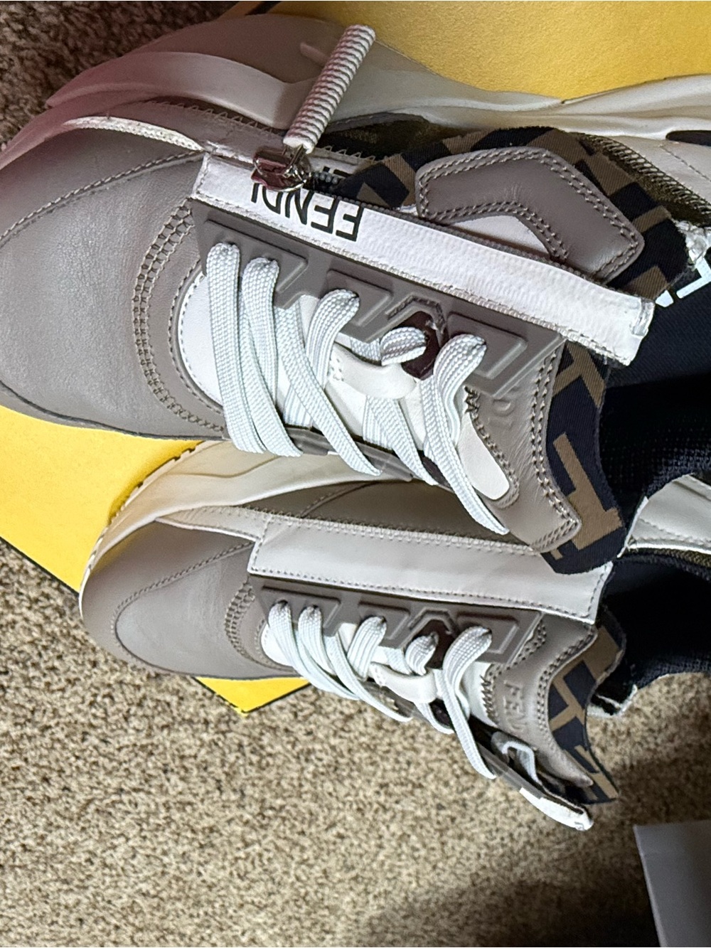 Fendi Kids Taupe, White & Black Logo-Trim Sneakers